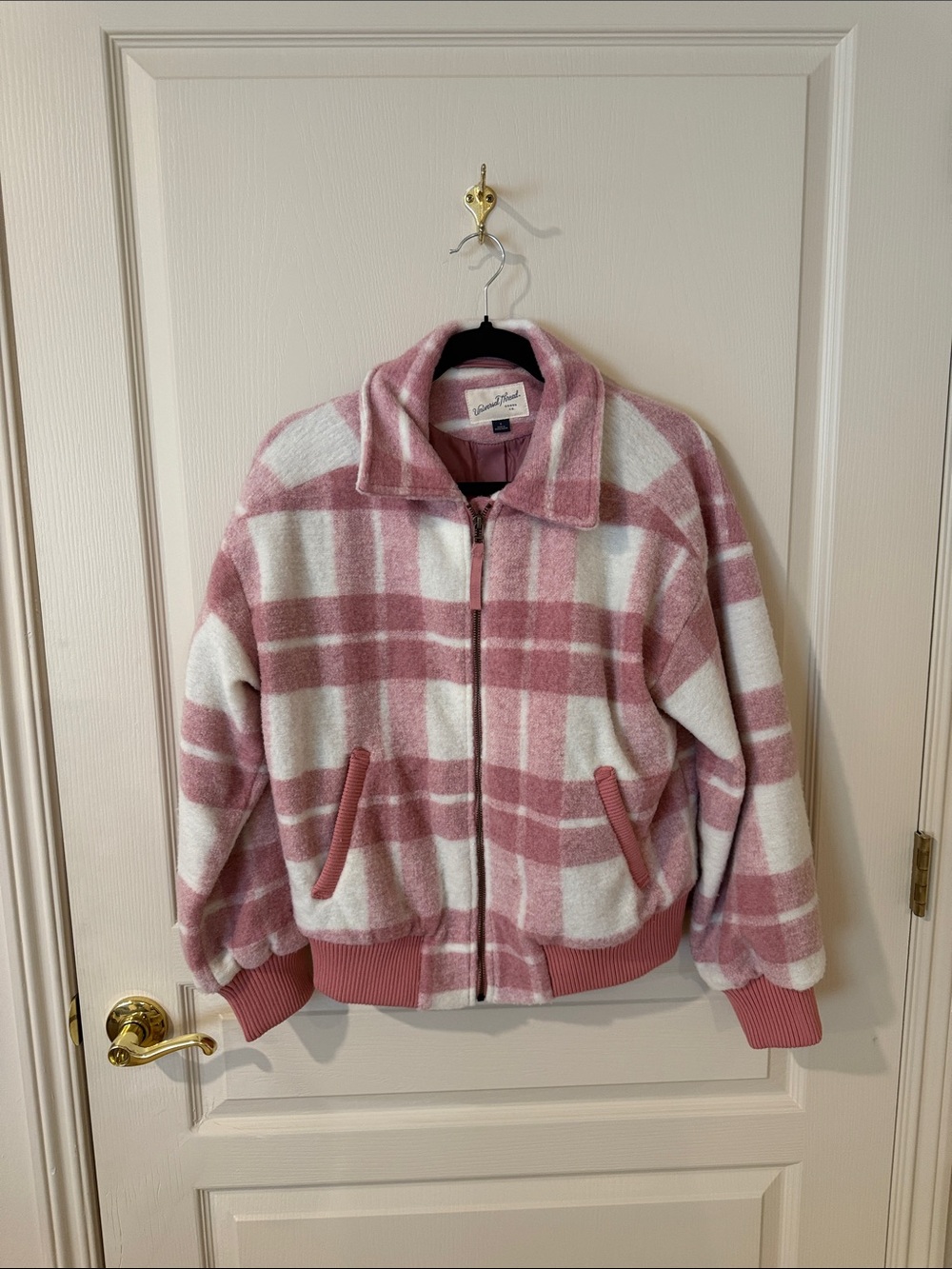 Universal Thread Pink and White Plaid Bomber Jacket